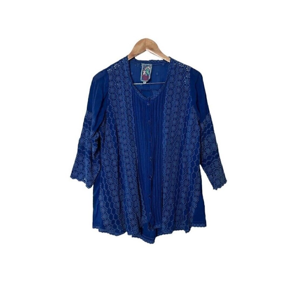 Johnny Was Royal Blue Lace-Panel Button Front Blouse